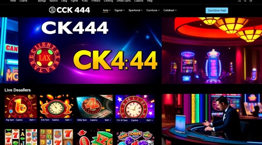 Engaging CK444 gaming interface with vibrant slots and live dealer action, showcasing immersive online casino entertainment with bold visuals.