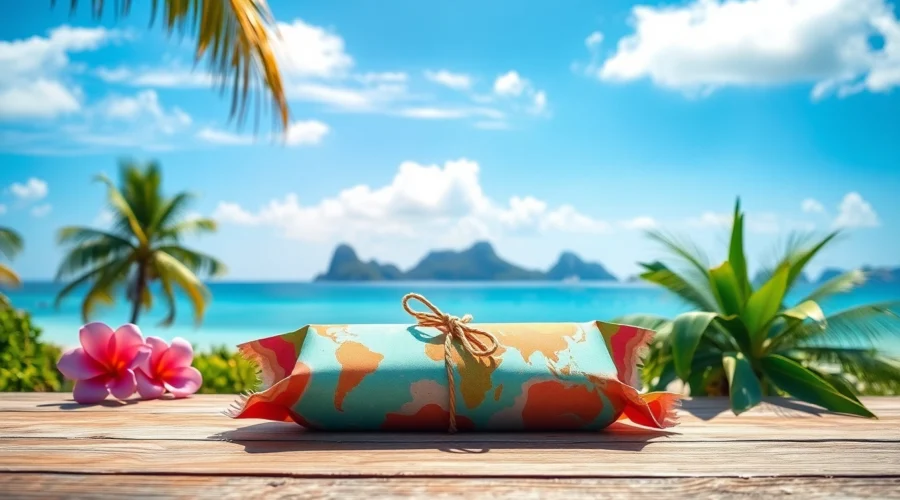 Beautiful tropical resort with a well-presented travel package surrounded by lush greenery and blue ocean, inviting adventure seekers.