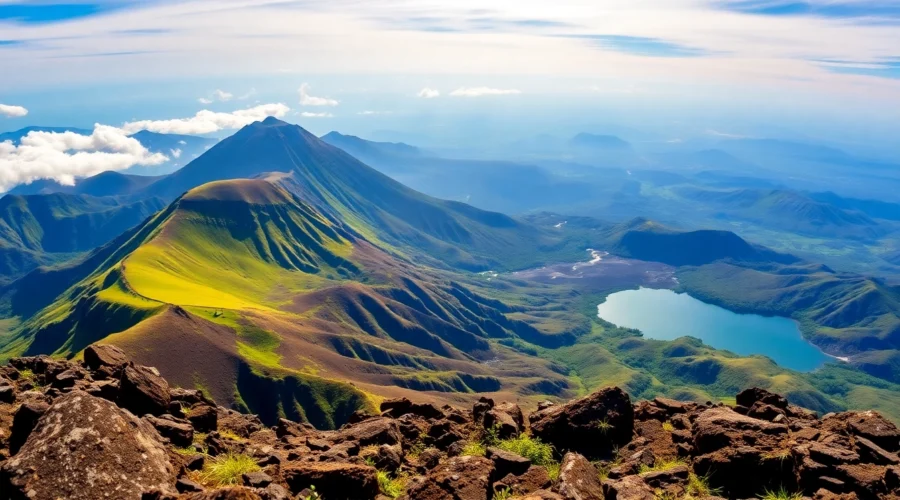 Hiking Mount Rinjani's scenic slopes with lush greenery and volcanic landscape for adventure enthusiasts.