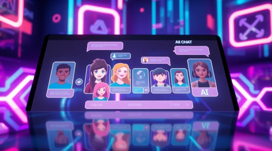 Futuristic digital chat interface showcasing diverse AI characters with neon accents and modern design elements