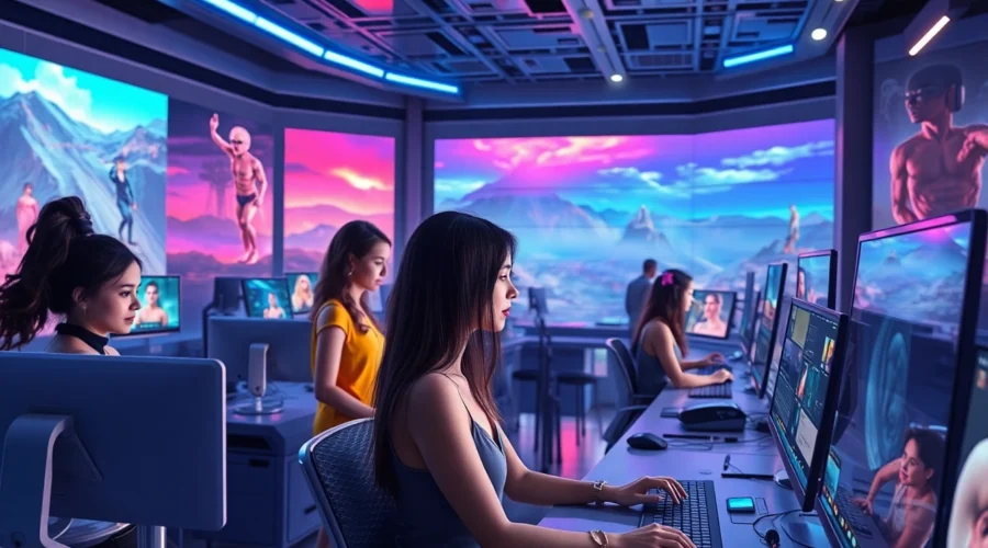 Futuristic AI studio with holographic displays and virtual creators working on NSFW content.