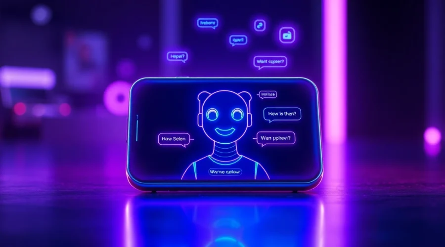 Futuristic AI chatbot interface on a modern device with holographic elements and vibrant neon colors.