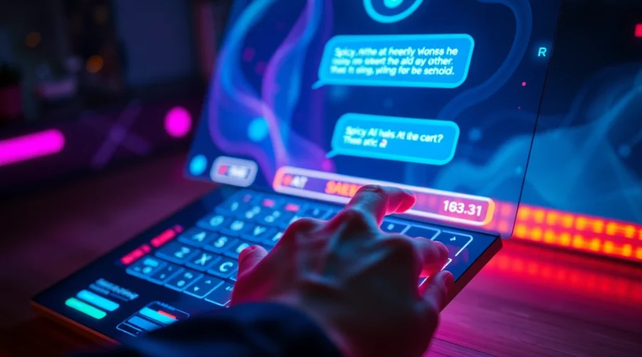 Close-up of a user interacting with a futuristic AI chat interface with neon lights and digital textures.