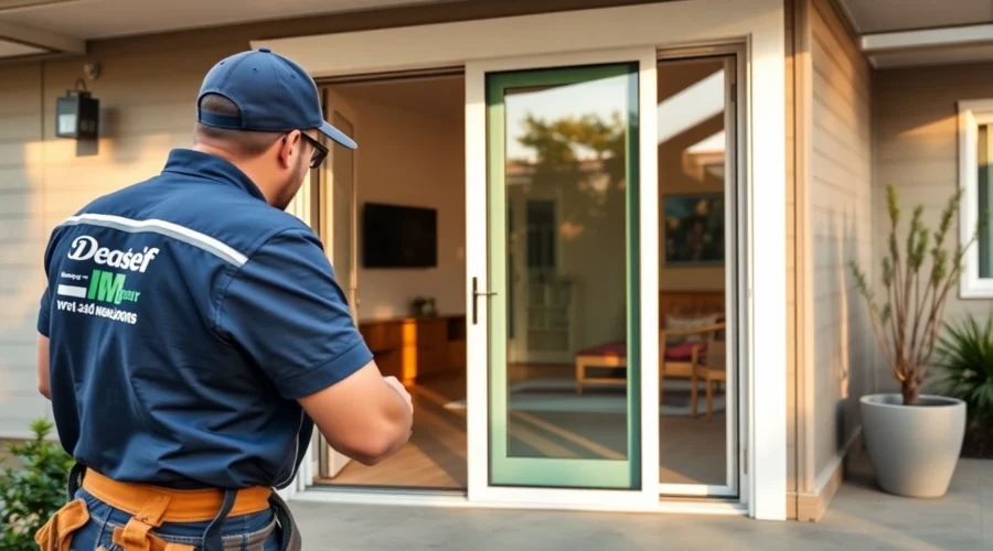 Professional replacing a sliding glass door with a modern frame, door installation in progress
