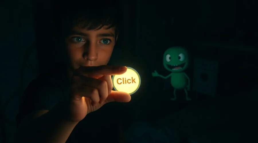 An unsettling scene showing a distressed person about to click on a cheerful character in a dark room, emphasizing moral conflict and psychological horror.