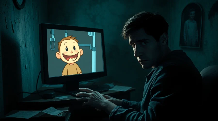 An unsettling scene of a distressed character watching a cheerful cartoon character named Harvey on a computer screen, with dark shadows and eerie lighting emphasizing the psychological horror atmosphere.