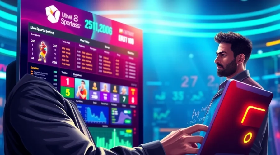 Digital illustration of an online sportsbook and casino platform with live betting options and vibrant lights.