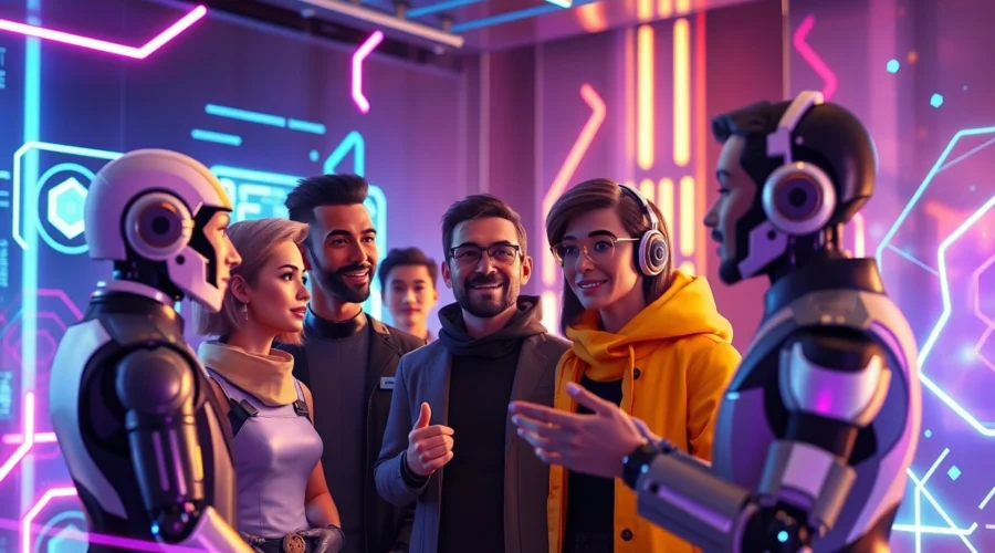 Digital illustration of AI characters interacting in a futuristic virtual environment with neon lights and holographic displays.
