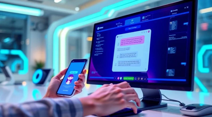 Futuristic AI chatbot platform with user interacting via mobile and desktop devices in a modern workspace.