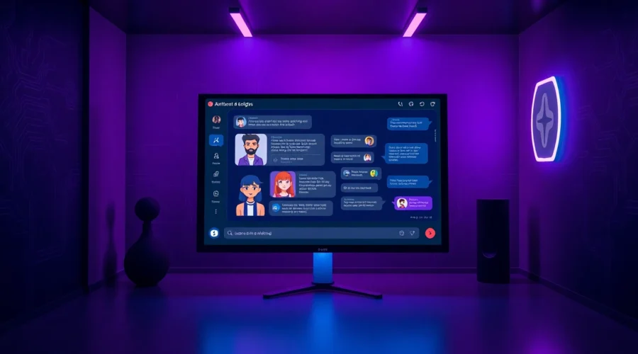 Futuristic digital chat interface with diverse AI characters in a neon-lit room.