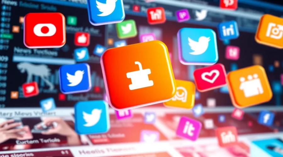 Modern digital illustration showcasing social network news updates with social media icons and